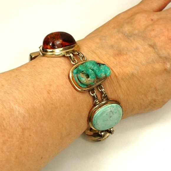 MULTI GEM HEAVY LINK BRACELET WITH TURQUOISE SNAKE, Very rare to find - Picture 6 of 11